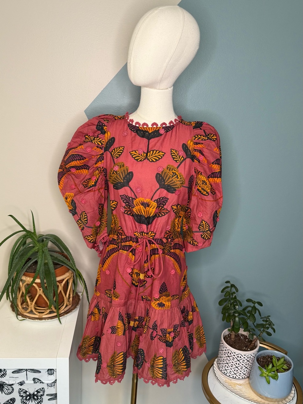 FARM Rio Pink Floral Applique Puff Sleeve Cotton Mini Dress XXS Cottagecore Boho - Picture 2 of 14